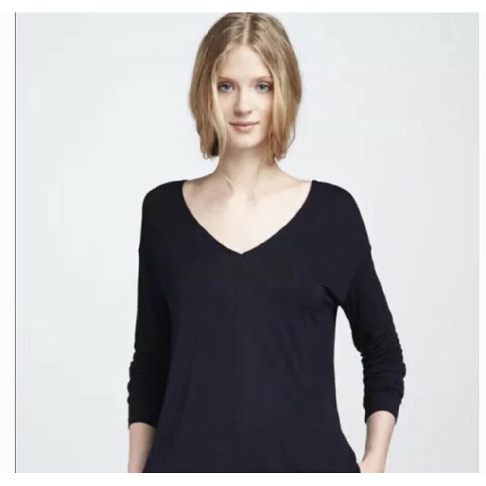 Vince Long Sleeve Double V Neck Tee Top In Dark Blue Navy Size XS